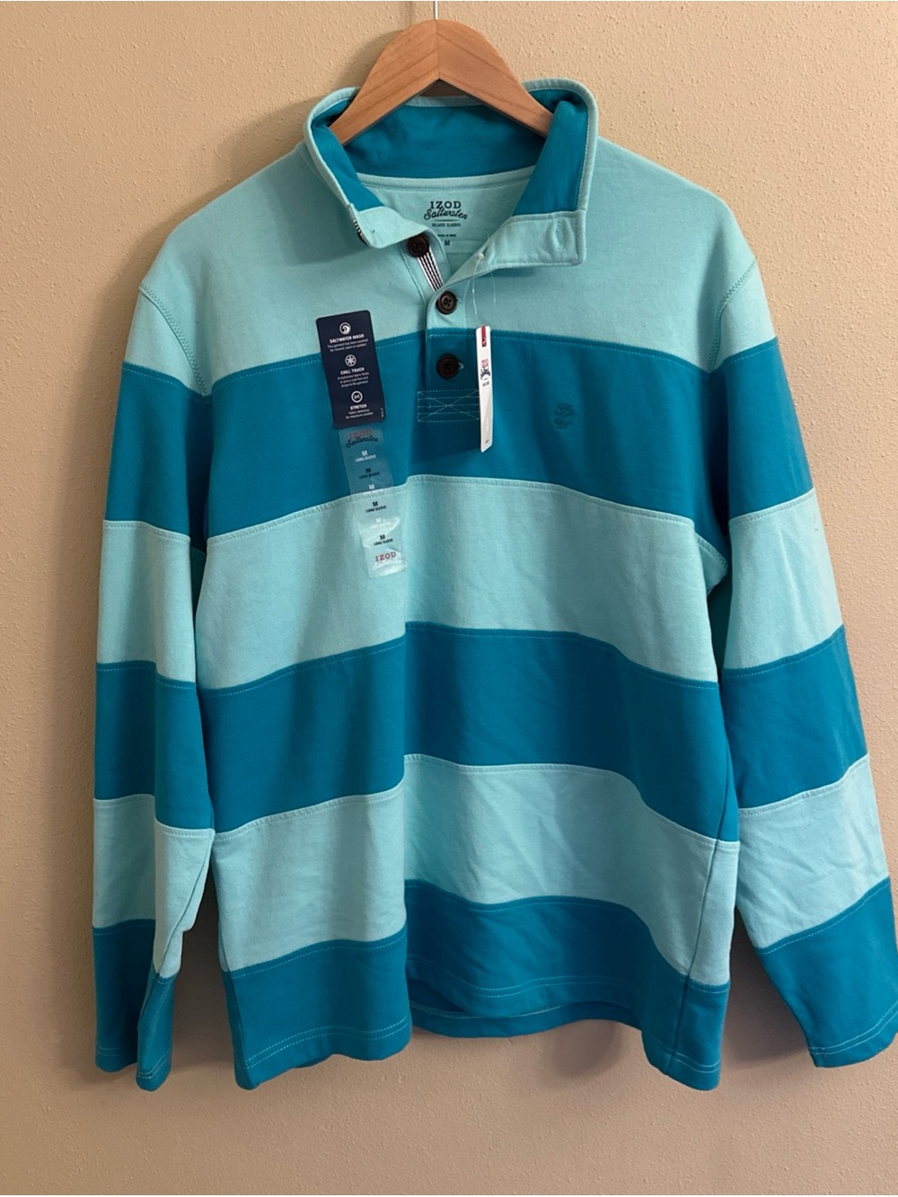Izod Saltwater Rugby Shirt mens M Long Sleeve Nautical Blue Stripe Preppy